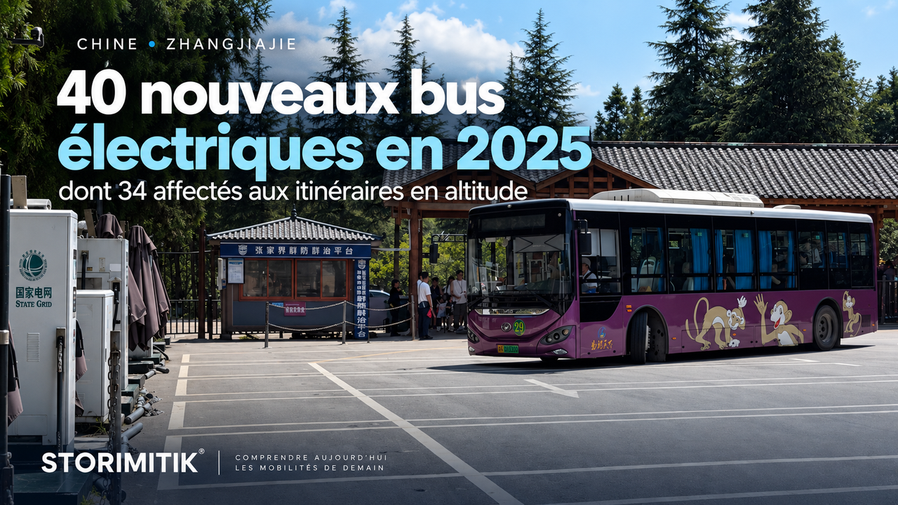 Visuel STORIMITIK montrant dans un même environnement touristique un bus et une infrastructure de recharge à Zhangjiajie, avec les chiffres 40 nouveaux bus électriques et 34 affectés aux lignes en montagne.