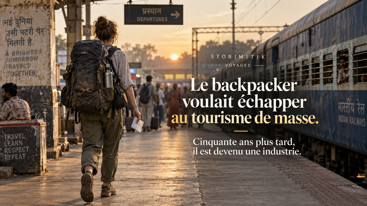 Backpacker marchant sur un quai de gare en Inde avec un grand sac à dos, dans une mise en scène éditoriale de voyage indépendant.