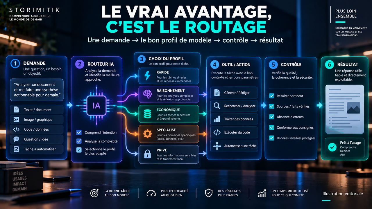 Illustration éditoriale STORIMITIK expliquant le routage d’une demande vers le bon profil de modèle IA, puis vers l’outil, le contrôle et le résultat.