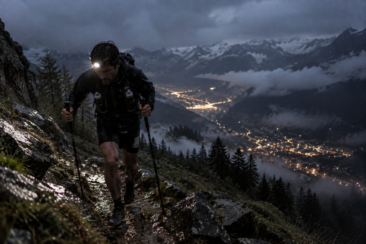 Illustration éditoriale ultra-réaliste d’un ultra-traileur de nuit progressant sous la pluie sur un sentier alpin escarpé avec lampe frontale et bâtons.