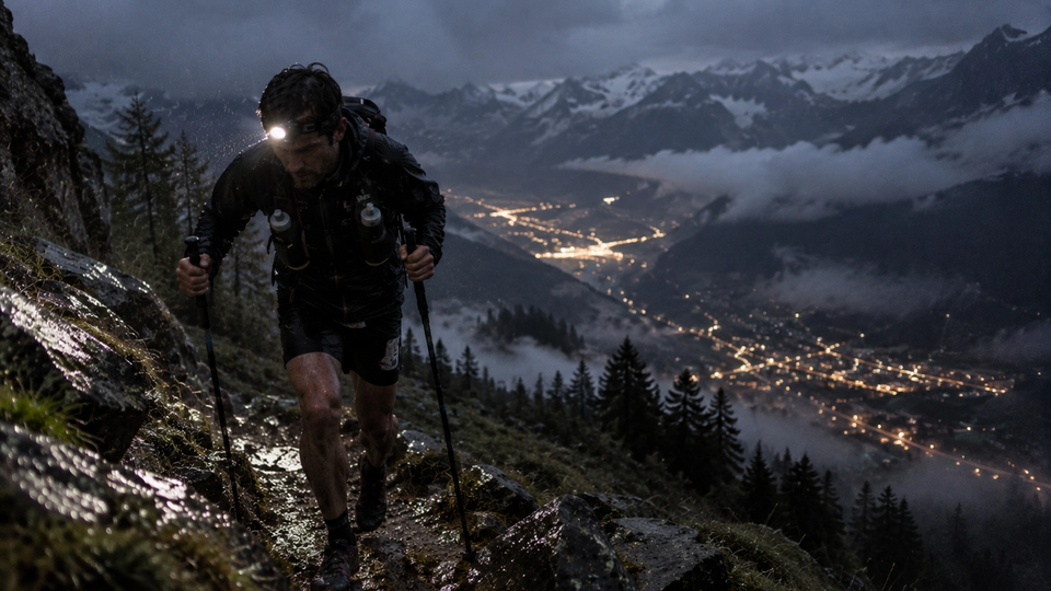 Illustration éditoriale ultra-réaliste d’un ultra-traileur de nuit progressant sous la pluie sur un sentier alpin escarpé avec lampe frontale et bâtons.