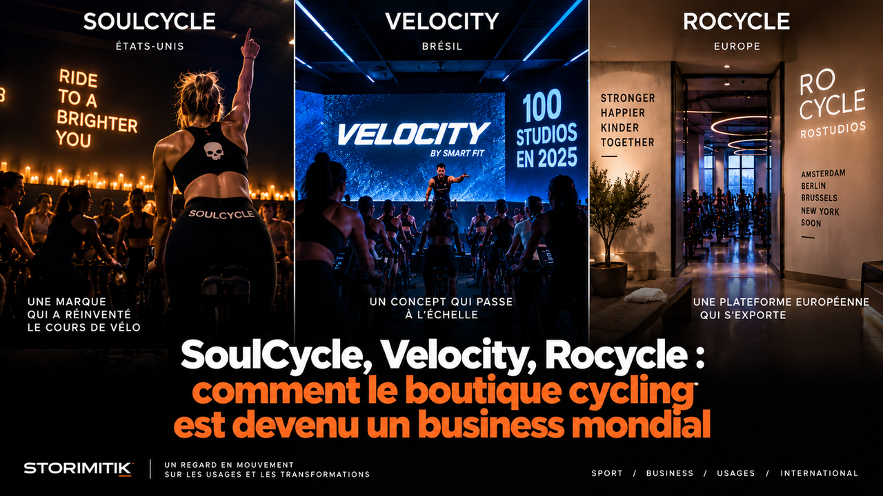 Triptyque éditorial SoulCycle, Velocity et Rocycle illustrant trois modèles de développement du boutique cycling.