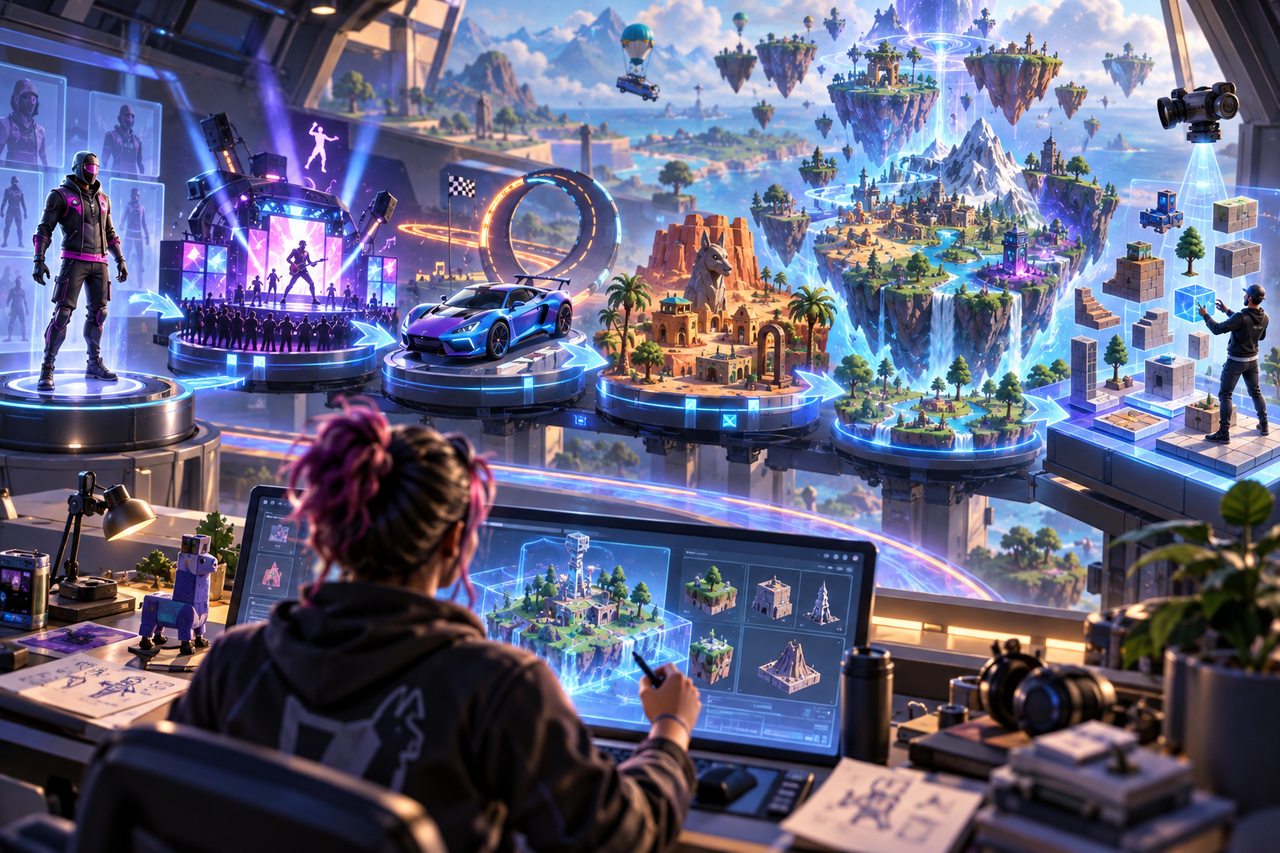 Illustration montrant la transformation d’une collaboration Fortnite en expérience jouable, puis en univers construit avec des outils de création.