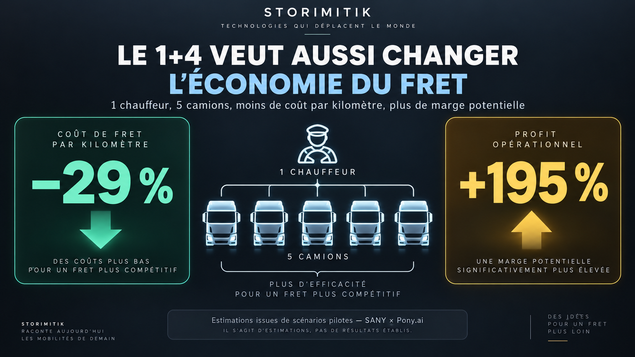 Infographie STORIMITIK présentant les estimations économiques annoncées pour le modèle de fret autonome 1+4.