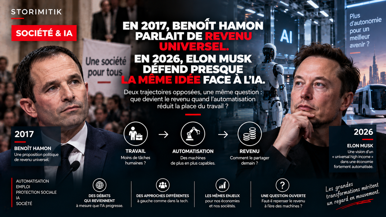Illustration STORIMITIK comparant Benoît Hamon en 2017 et Elon Musk en 2026 autour de la question du revenu face à l’automatisation.