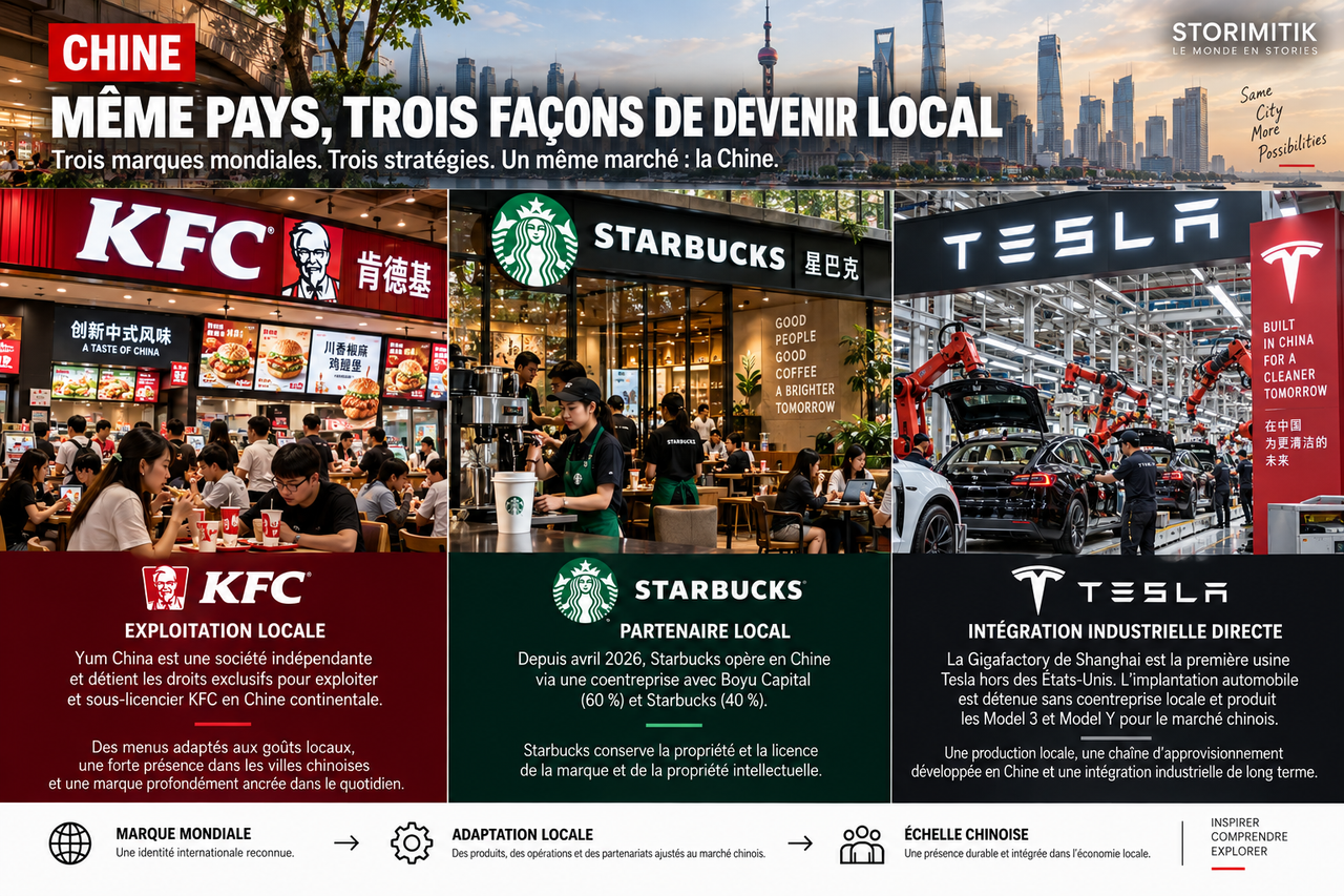 Infographie STORIMITIK comparant les architectures de localisation de KFC, Starbucks et Tesla en Chine.