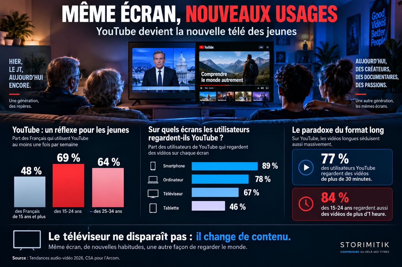 Infographie montrant l’usage hebdomadaire de YouTube en France en 2026, les écrans utilisés pour regarder la plateforme et la forte consommation de vidéos longues chez les 15-24 ans.