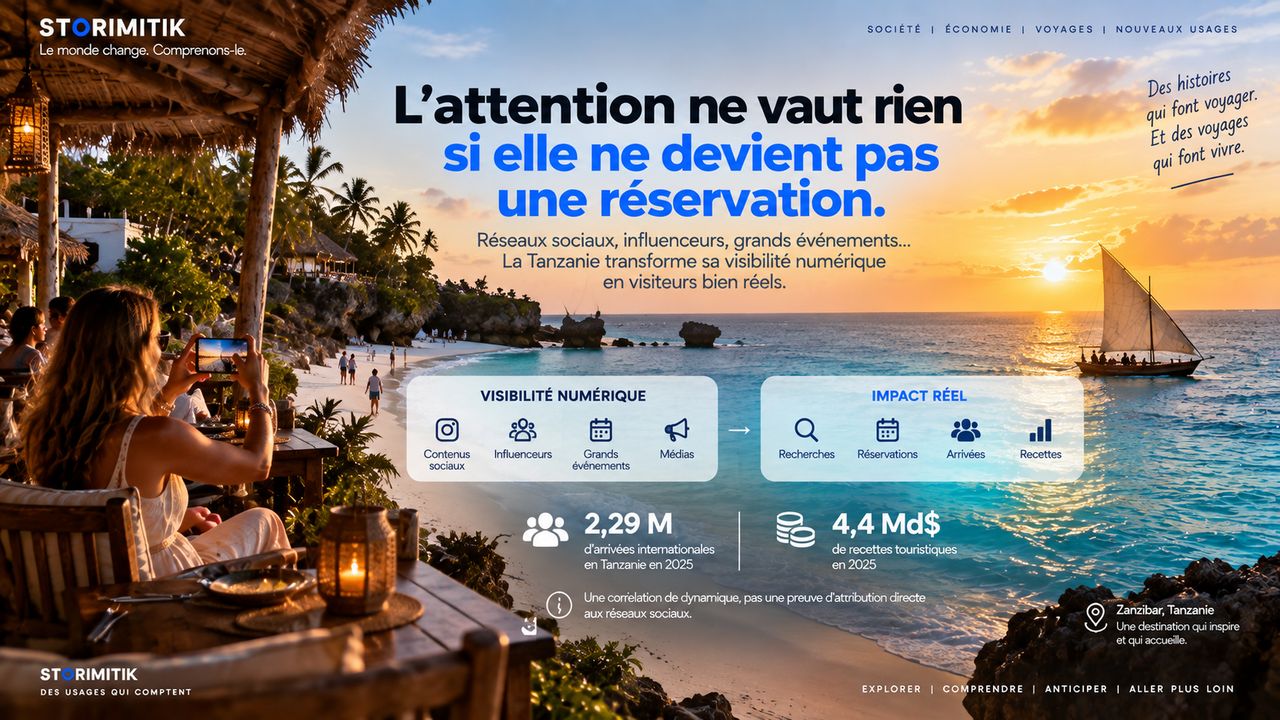 Visuel STORIMITIK sur la Tanzanie reliant visibilité numérique et impact touristique réel, avec données 2025.