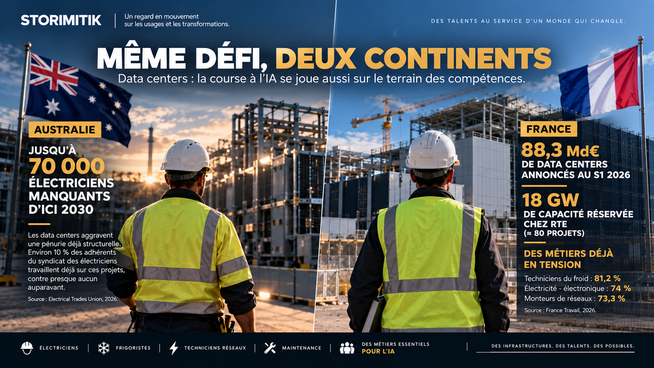Illustration éditoriale STORIMITIK comparant les tensions sur les métiers techniques liés aux data centers en Australie et en France.