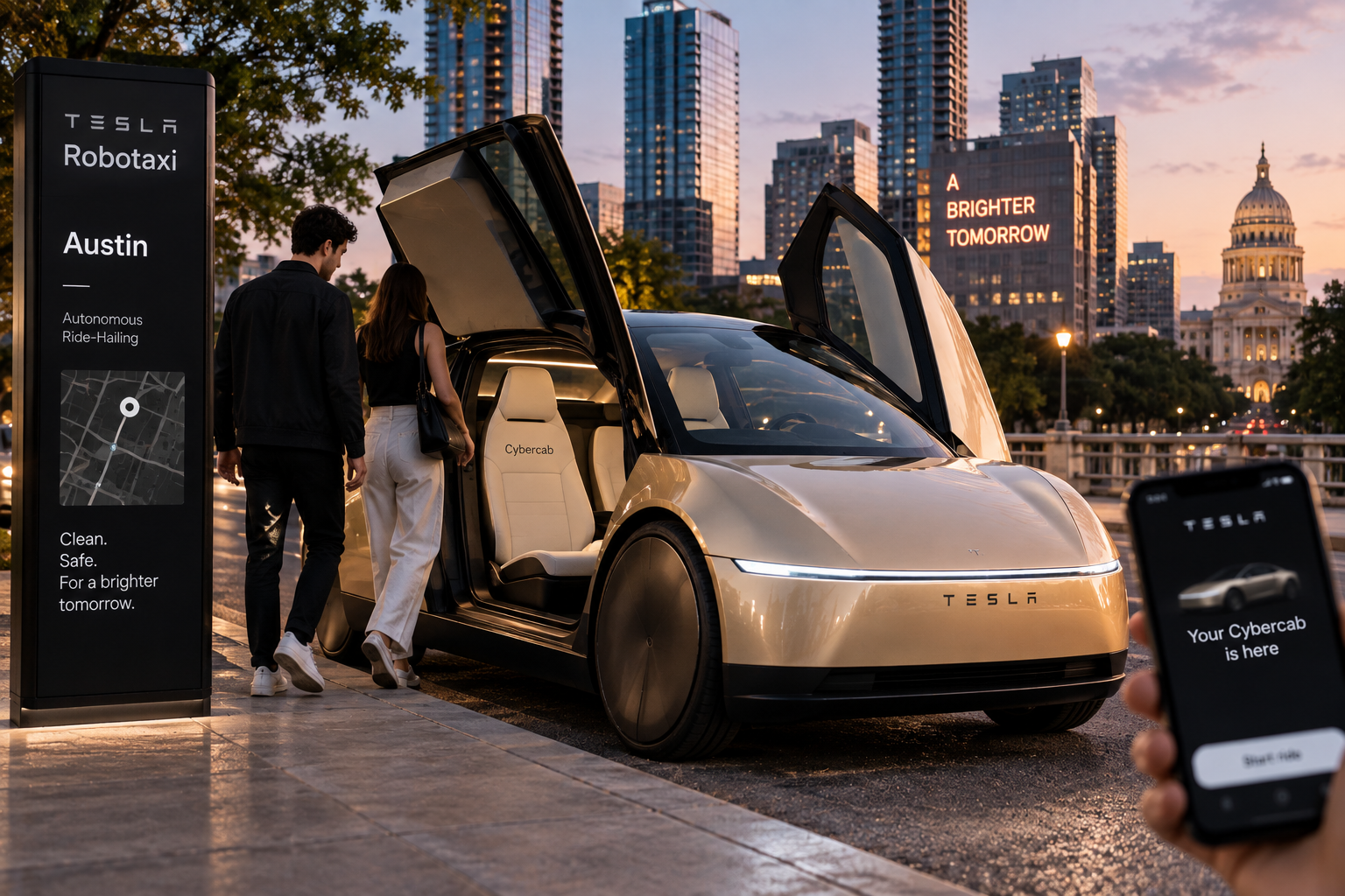 Illustration éditoriale d’un Tesla Cybercab à Austin avec ses portes ouvertes.