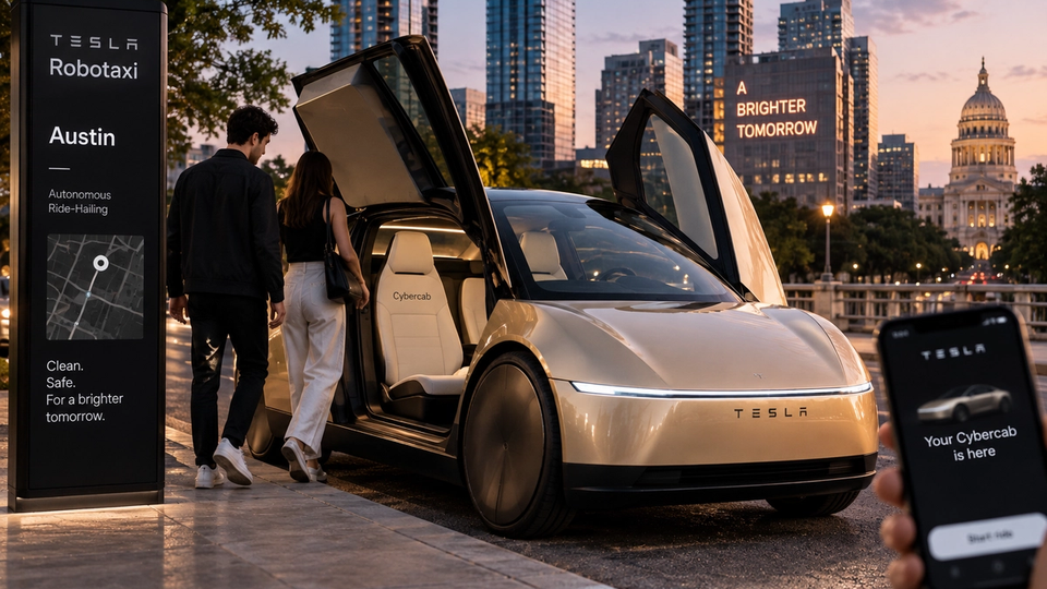 Illustration éditoriale d’un Tesla Cybercab à Austin avec ses portes ouvertes.