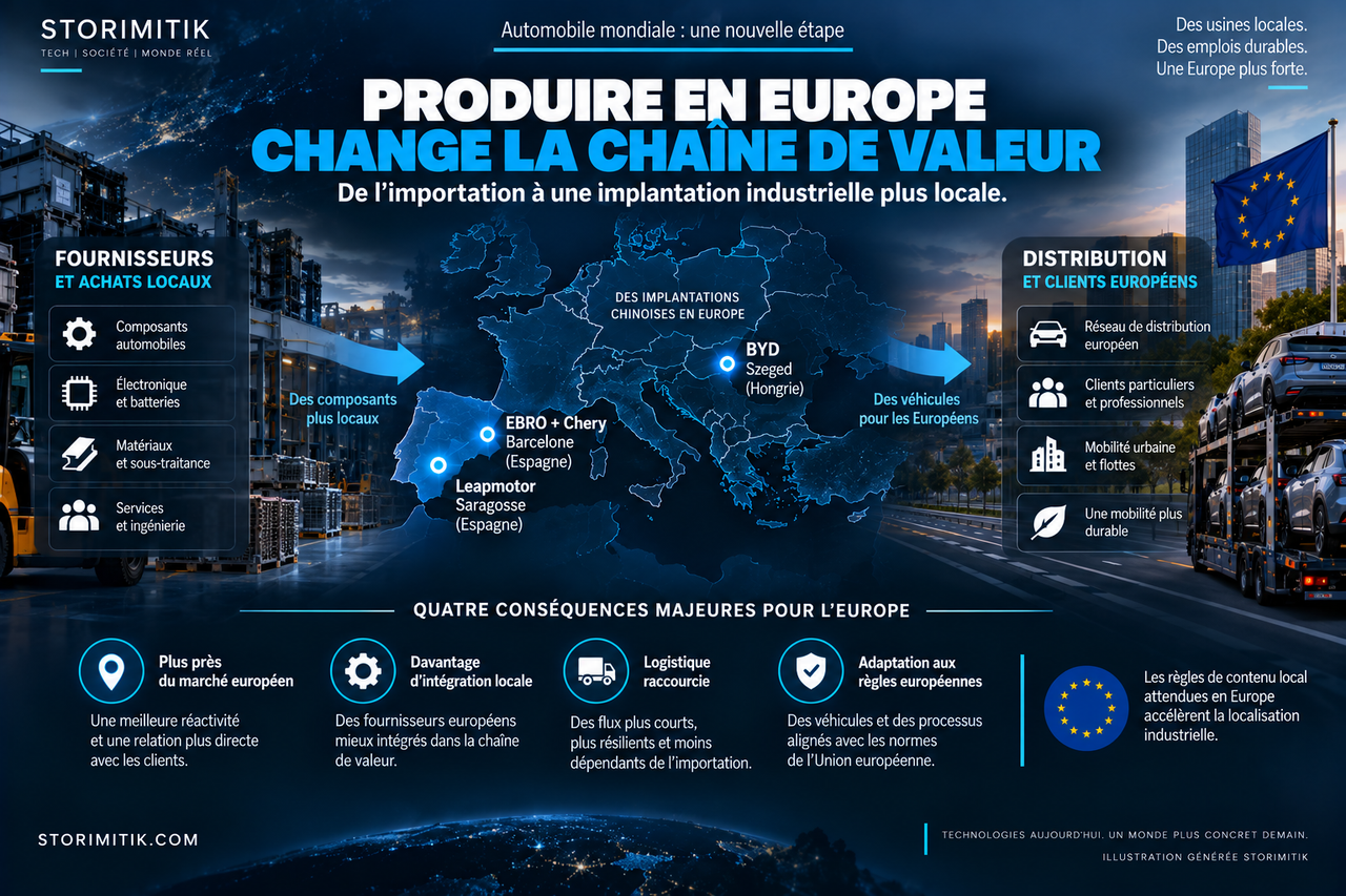 Illustration STORIMITIK montrant comment la production locale modifie la chaîne de valeur automobile en Europe.