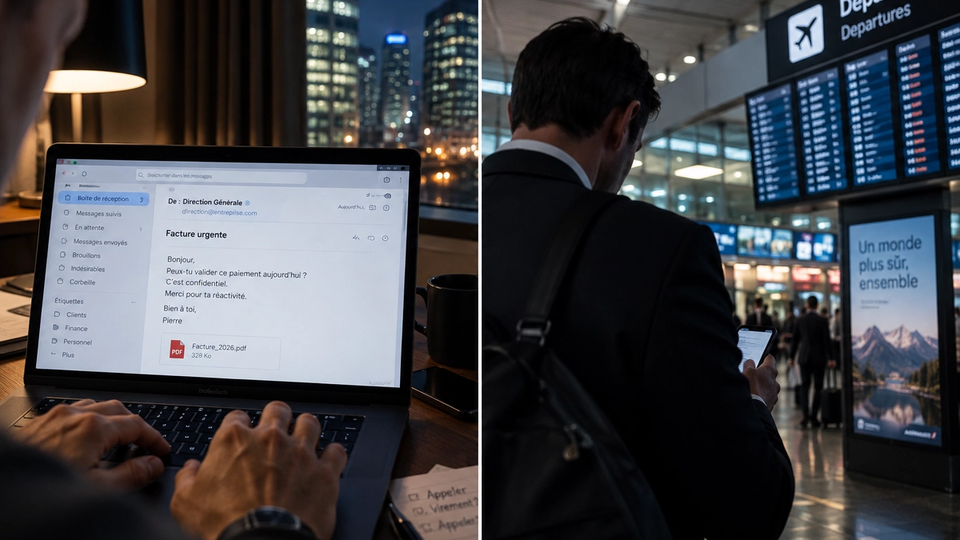Illustration éditoriale photoréaliste d’un professionnel confronté à un message de paiement suspect sur ordinateur puis consultant son smartphone en déplacement.