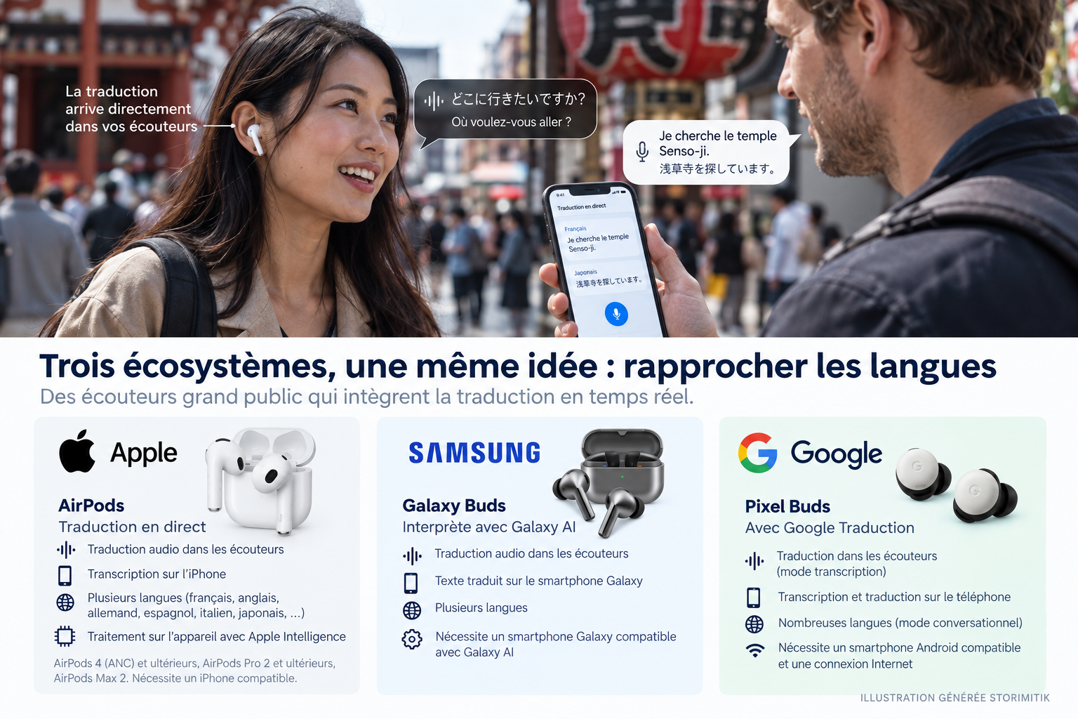 Illustration d’une conversation multilingue avec traduction en direct et comparaison des écosystèmes AirPods, Galaxy Buds et Pixel Buds.