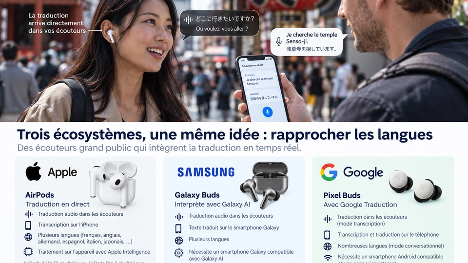 Illustration d’une conversation multilingue avec traduction en direct et comparaison des écosystèmes AirPods, Galaxy Buds et Pixel Buds.