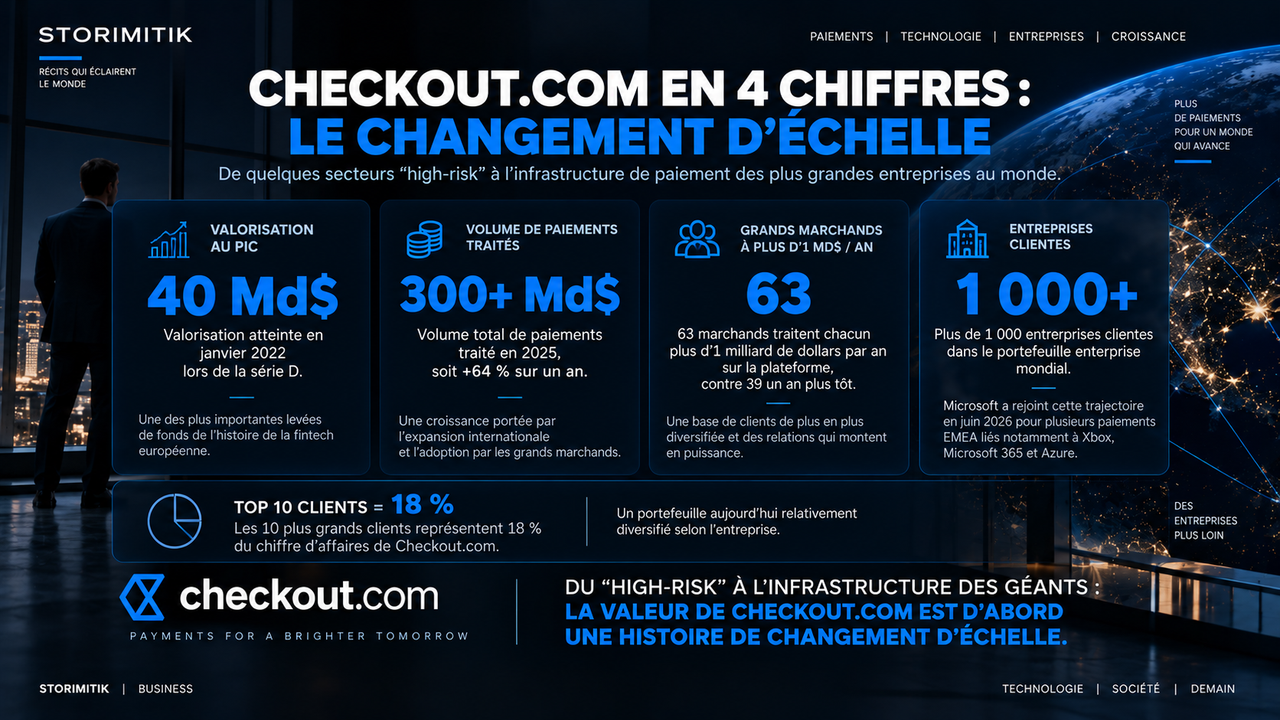 Planche DATA STORIMITIK présentant quatre indicateurs du changement d’échelle de Checkout.com.