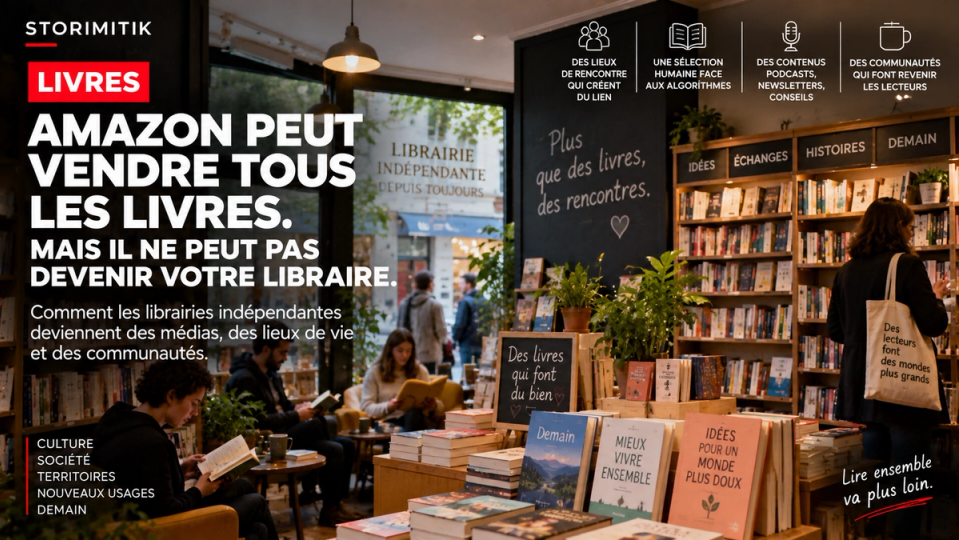 Illustration STORIMITIK d’une librairie indépendante chaleureuse opposant catalogue en ligne et conseil humain.