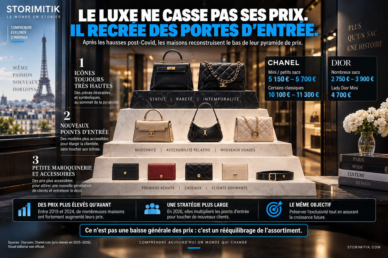 Infographie STORIMITIK représentant la pyramide de prix du luxe avec icônes, nouveaux points d’entrée et petite maroquinerie.