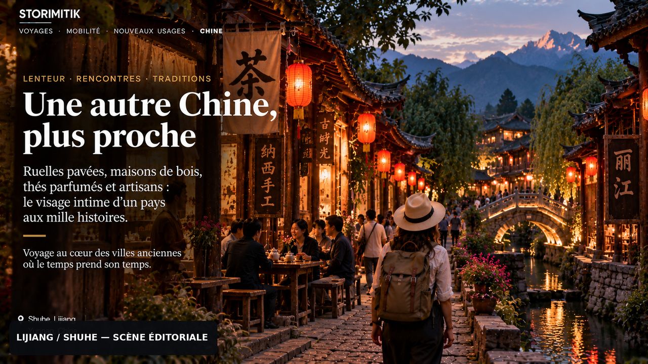 Illustration STORIMITIK d’une ruelle ancienne inspirée de Shuhe et Lijiang au crépuscule, avec lanternes, maisons en bois et canal.