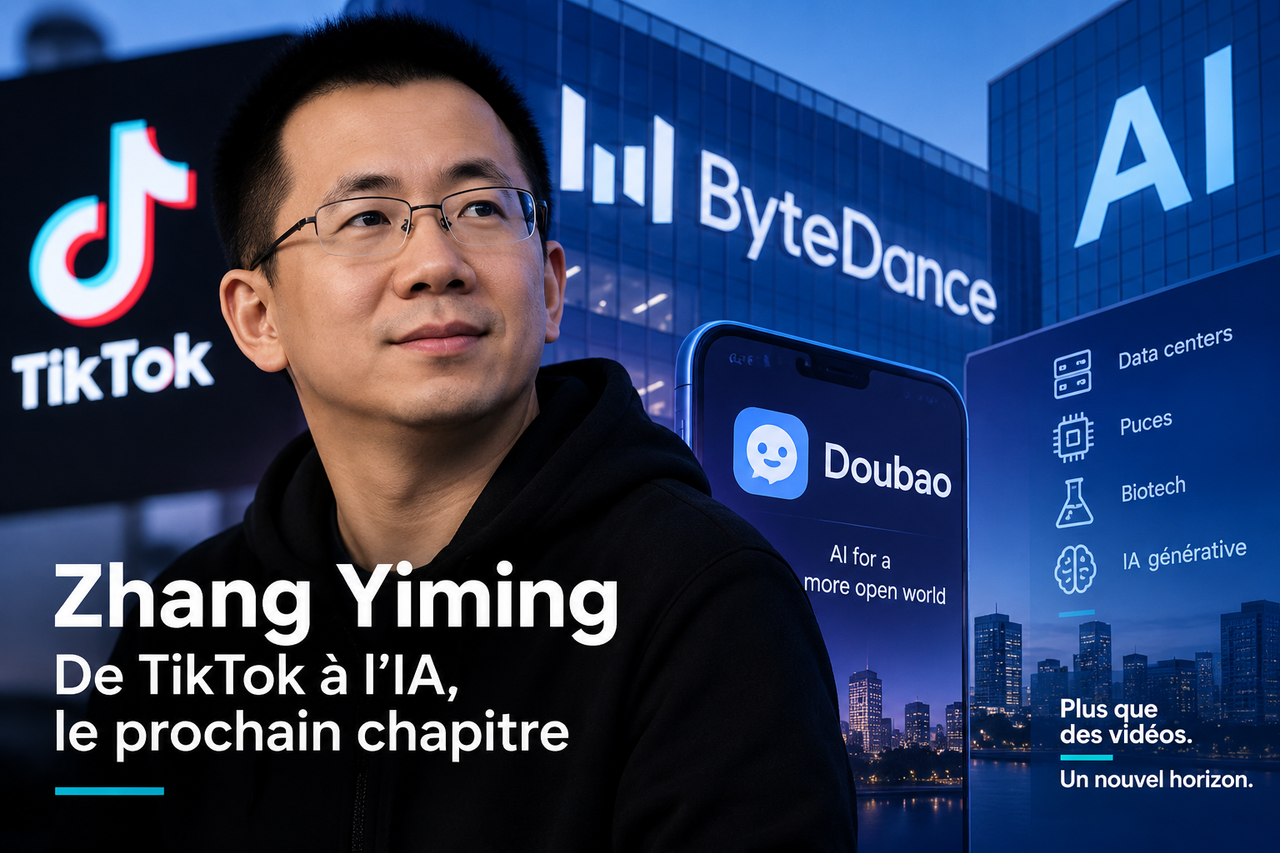 Illustration éditoriale représentant Zhang Yiming et l’évolution de ByteDance de TikTok vers l’intelligence artificielle.