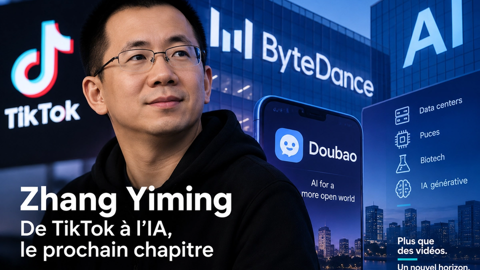 Illustration éditoriale représentant Zhang Yiming et l’évolution de ByteDance de TikTok vers l’intelligence artificielle.