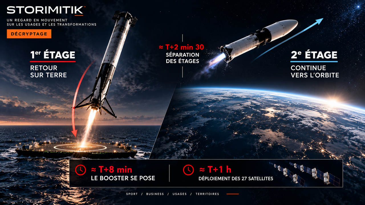Reconstitution éditoriale montrant les deux trajectoires après la séparation d’un Falcon 9 : retour du premier étage et poursuite du deuxième vers l’orbite.