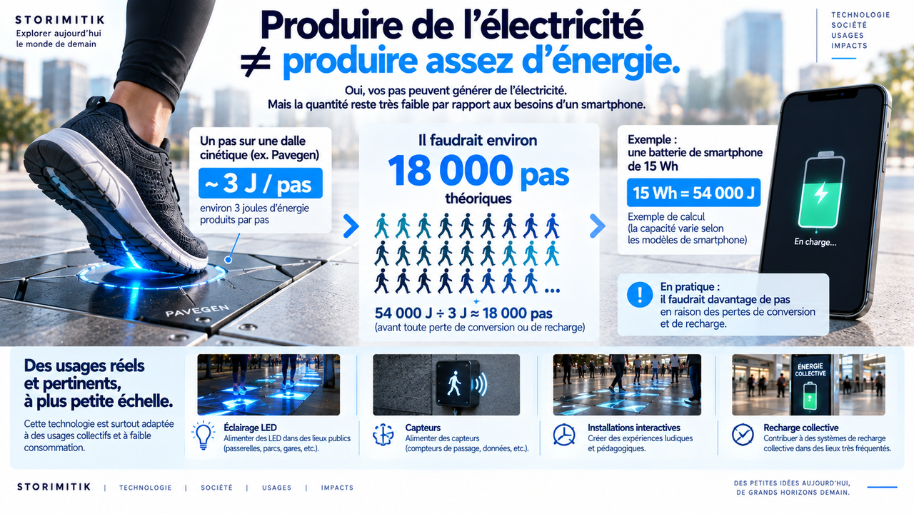 Infographie comparant environ 3 joules produits par pas à l’énergie d’une batterie de smartphone prise comme exemple à 15 Wh, soit environ 18 000 pas théoriques avant pertes.