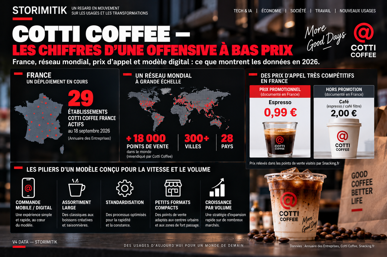 Infographie STORIMITIK sur l’expansion de Cotti Coffee : établissements actifs en France, réseau mondial revendiqué, prix promotionnel et piliers opérationnels.