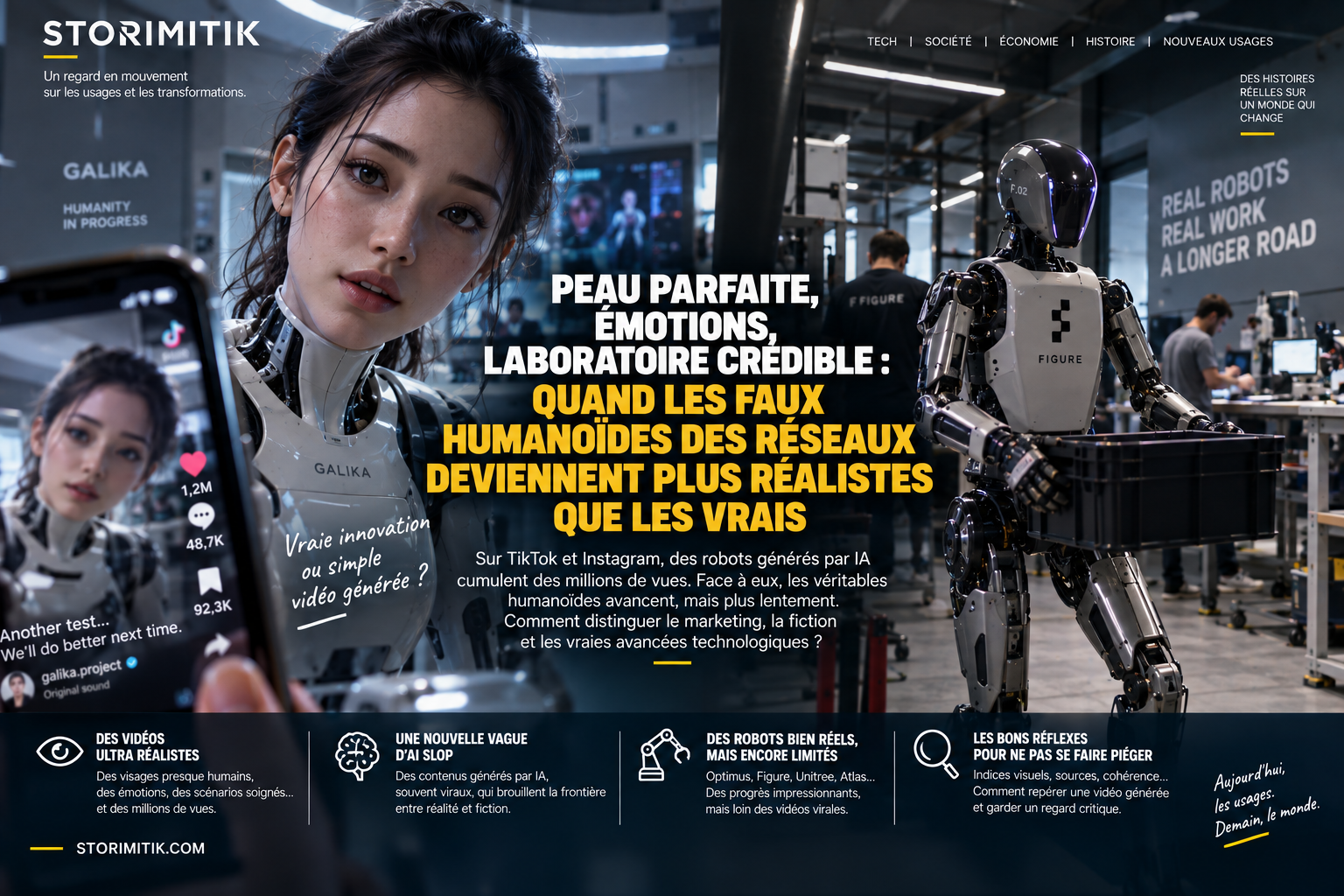 Illustration éditoriale STORIMITIK confrontant un humanoïde synthétique hyperréaliste à un robot industriel réel afin d’interroger la frontière entre fiction et progrès robotique.
