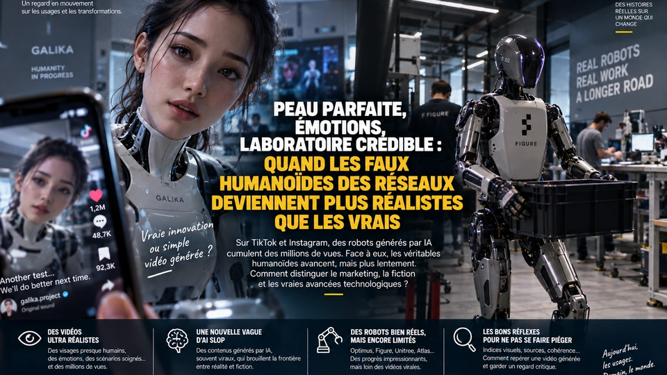 Illustration éditoriale STORIMITIK confrontant un humanoïde synthétique hyperréaliste à un robot industriel réel afin d’interroger la frontière entre fiction et progrès robotique.