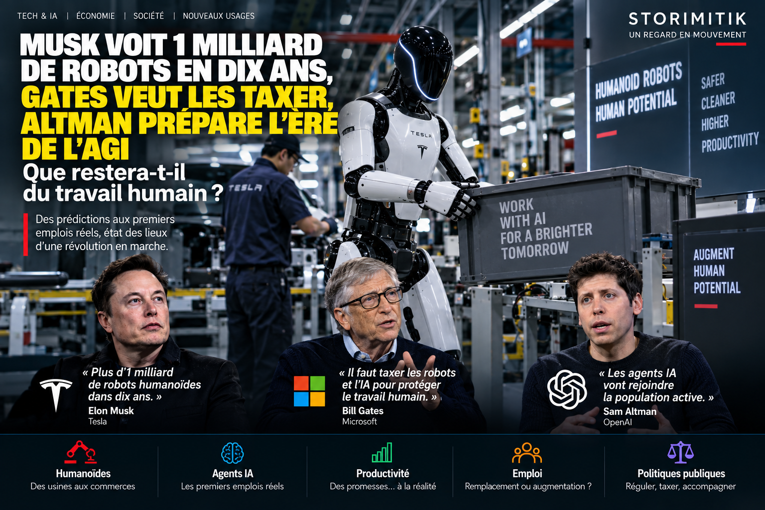 Illustration éditoriale STORIMITIK consacrée aux visions d’Elon Musk, Bill Gates et Sam Altman sur l’IA, les robots humanoïdes et l’avenir du travail.
