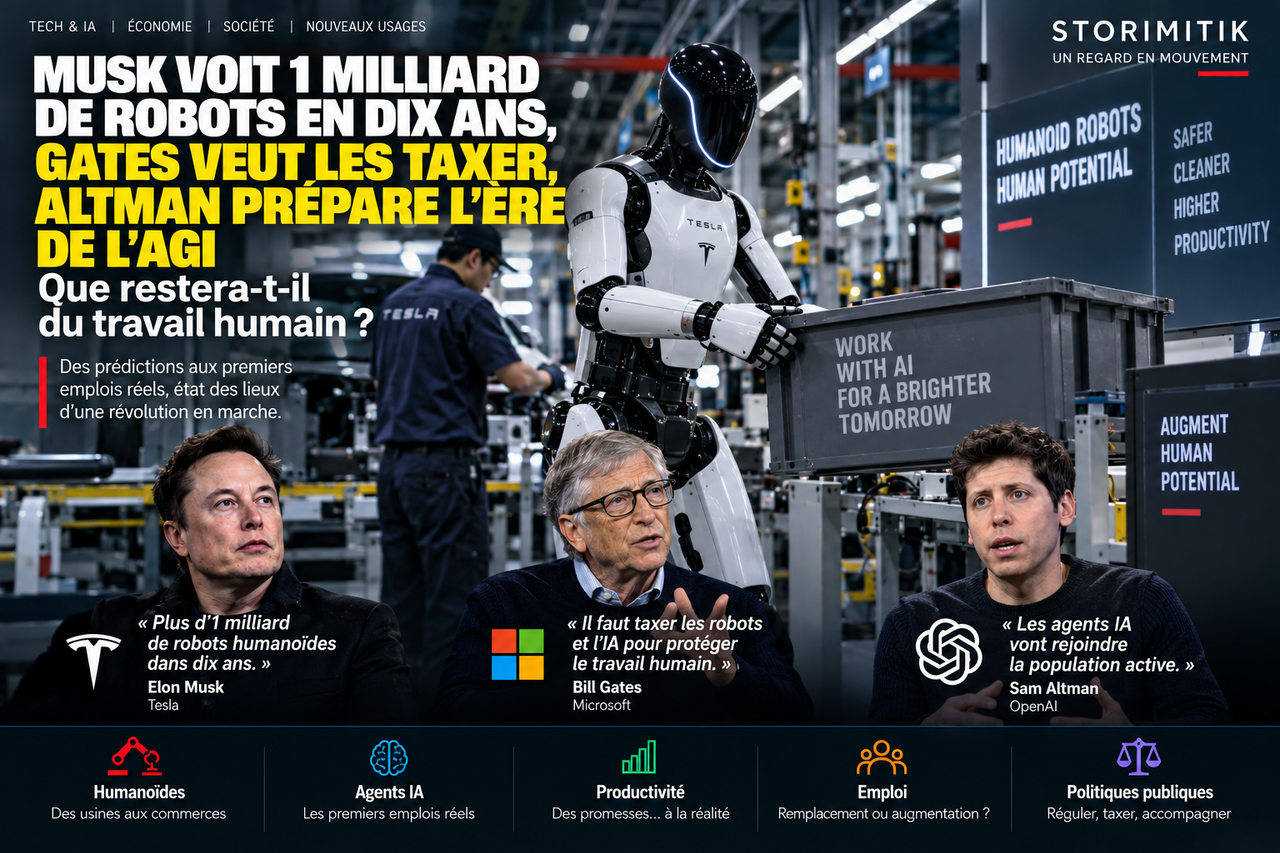 Illustration éditoriale STORIMITIK consacrée aux visions d’Elon Musk, Bill Gates et Sam Altman sur l’IA, les robots humanoïdes et l’avenir du travail.