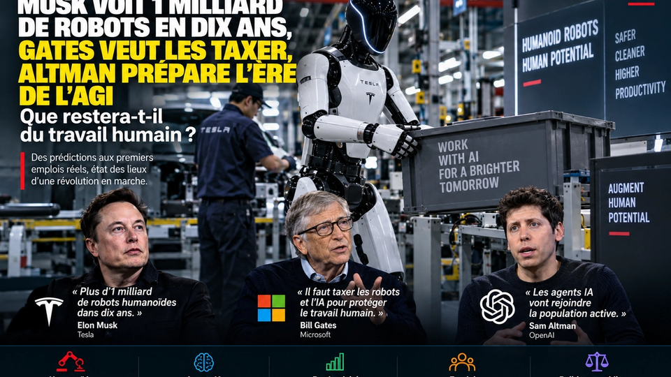 Illustration éditoriale STORIMITIK consacrée aux visions d’Elon Musk, Bill Gates et Sam Altman sur l’IA, les robots humanoïdes et l’avenir du travail.