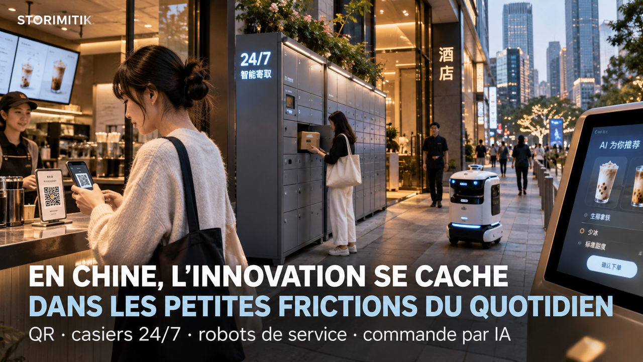 Illustration STORIMITIK de plusieurs usages numériques du quotidien en Chine : paiement QR, casier automatique, robot de service et commande numérique.