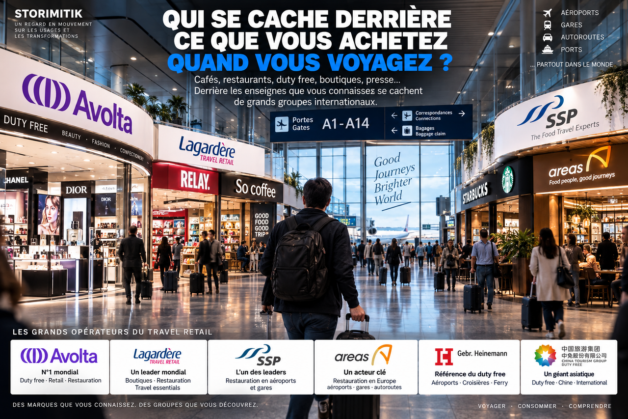 Scène éditoriale STORIMITIK d’un terminal international montrant plusieurs univers du travel retail et les principaux groupes opérateurs.