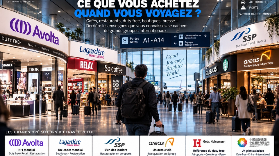 Scène éditoriale STORIMITIK d’un terminal international montrant plusieurs univers du travel retail et les principaux groupes opérateurs.