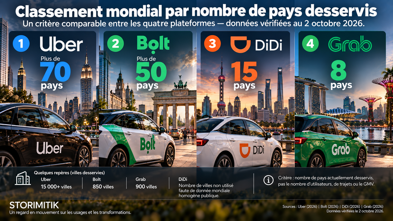 Classement STORIMITIK d’Uber, Bolt, DiDi et Grab selon le nombre de pays desservis.