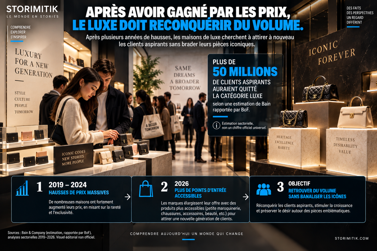 Illustration STORIMITIK montrant une boutique de luxe qui cherche à reconquérir les clients aspirants après plusieurs années de fortes hausses de prix.