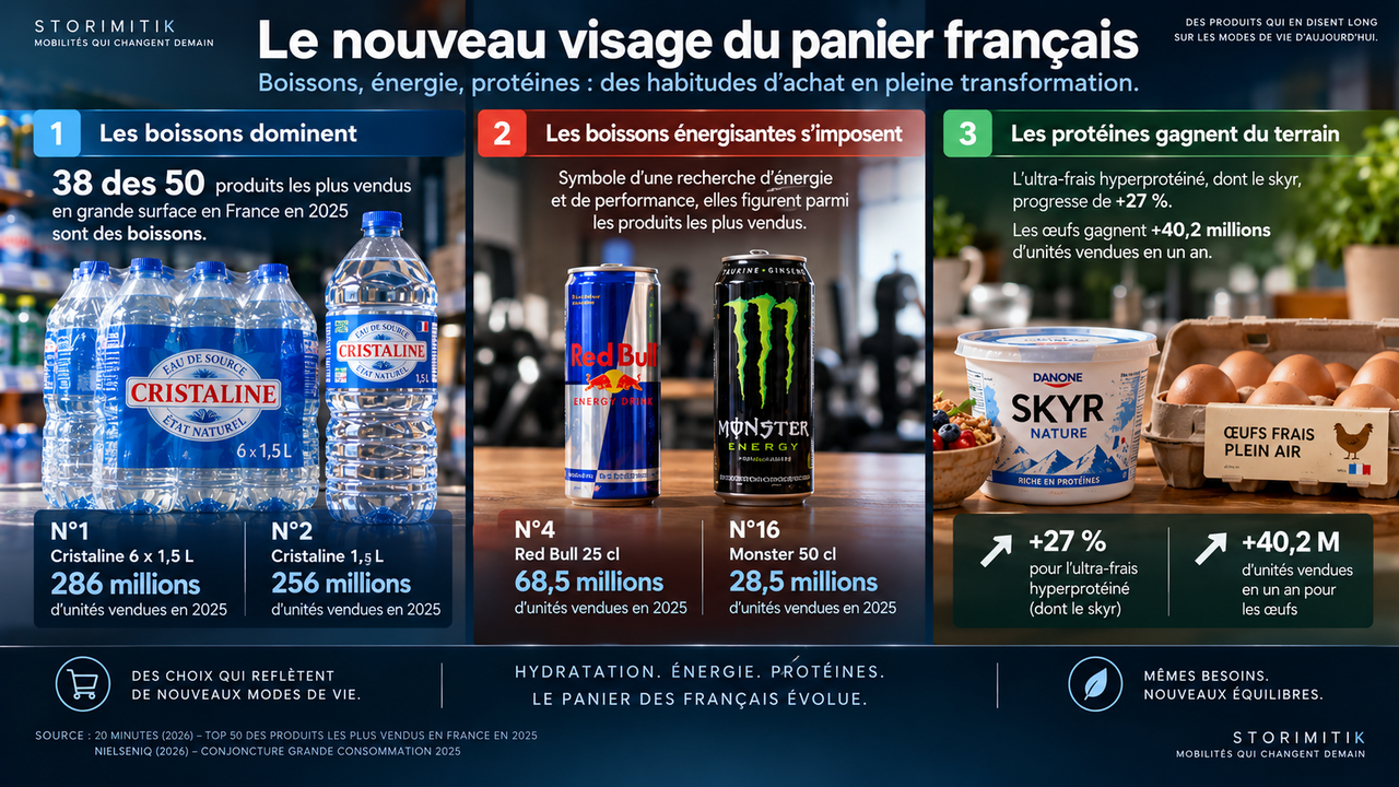 Infographie éditoriale présentant des chiffres vérifiés sur les boissons, les energy drinks, le skyr et les œufs dans la consommation française de 2025.