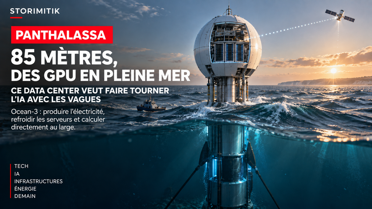 Illustration STORIMITIK d’un futur nœud offshore Panthalassa Ocean-3, partiellement immergé, intégrant production d’énergie par les vagues et serveurs GPU.