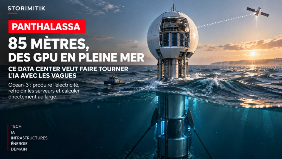 Illustration STORIMITIK d’un futur nœud offshore Panthalassa Ocean-3, partiellement immergé, intégrant production d’énergie par les vagues et serveurs GPU.