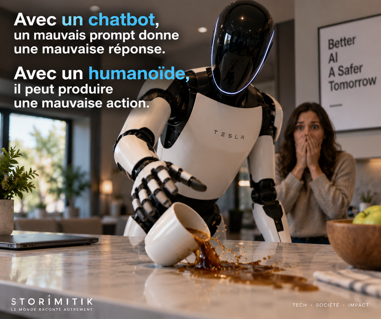 Illustration conceptuelle d’un humanoïde commettant une erreur physique dans une cuisine après une mauvaise interprétation.