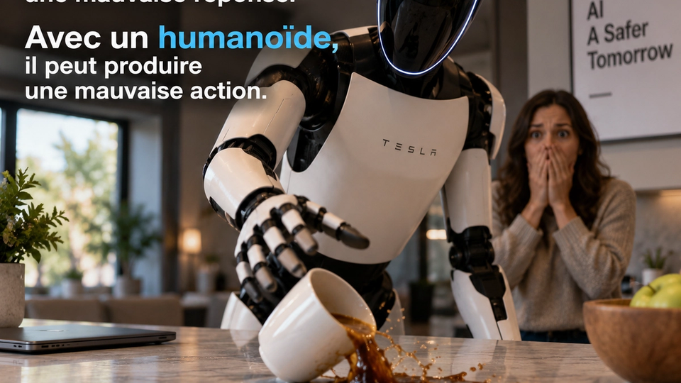 Illustration conceptuelle d’un humanoïde commettant une erreur physique dans une cuisine après une mauvaise interprétation.