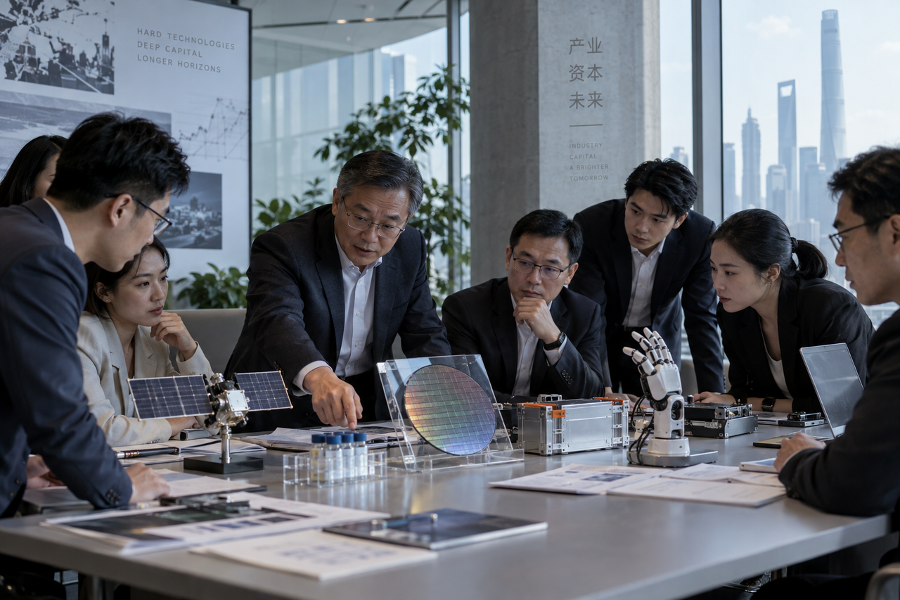 Illustration éditoriale d’une réunion consacrée au financement de technologies stratégiques en Chine.