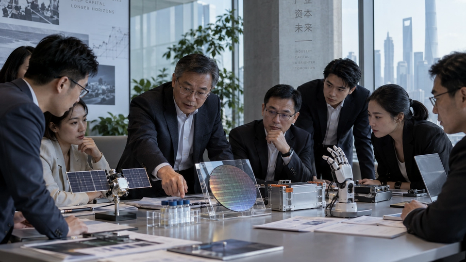Illustration éditoriale d’une réunion consacrée au financement de technologies stratégiques en Chine.
