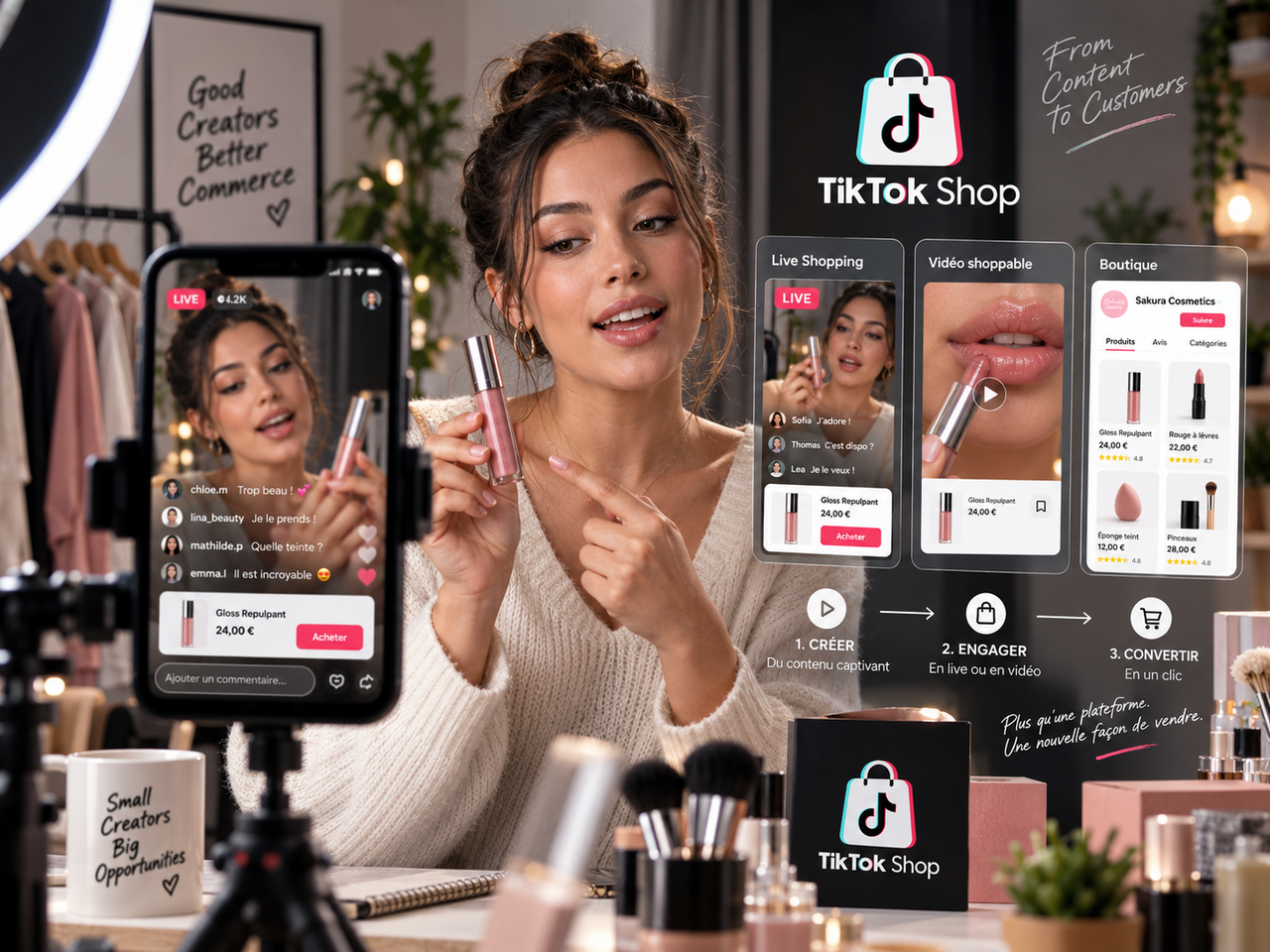 Illustration éditoriale STORIMITIK d’une créatrice présentant des produits en live shopping avec une interface inspirée de TikTok Shop.