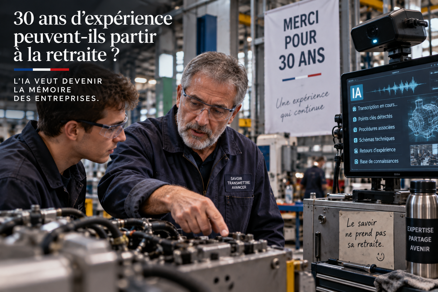 Illustration éditoriale STORIMITIK montrant un technicien expérimenté transmettant son savoir à un jeune collègue pendant qu’un système IA aide à structurer les connaissances.