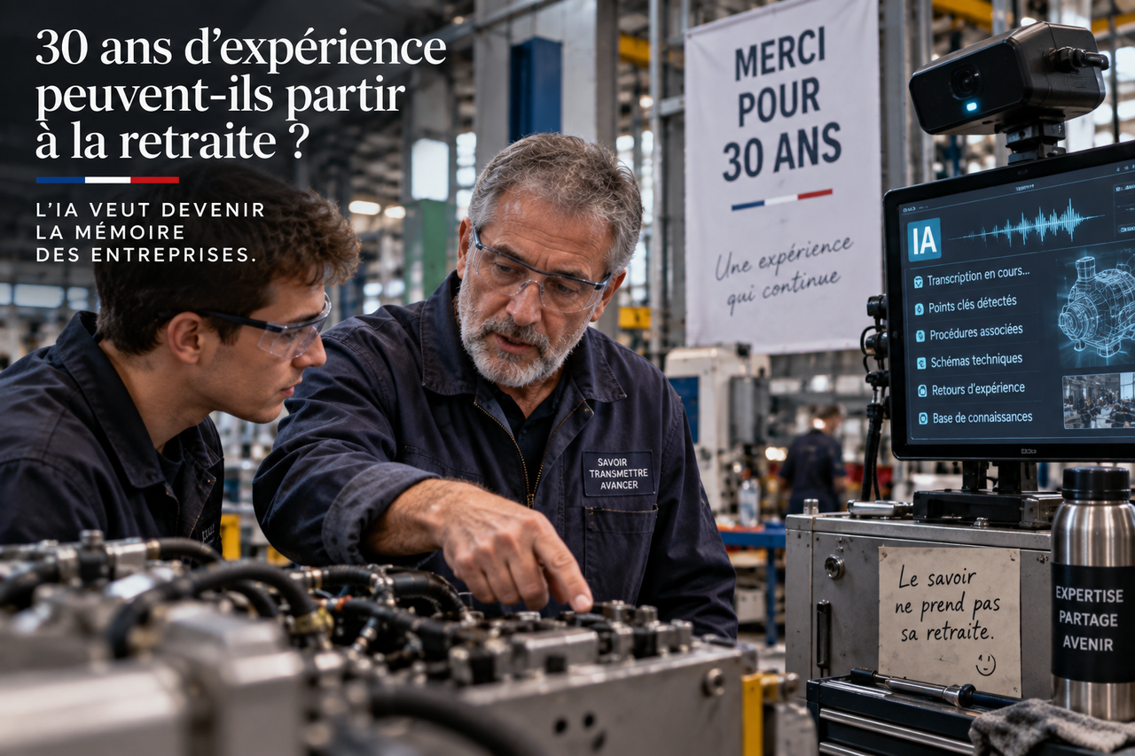 Illustration éditoriale STORIMITIK montrant un technicien expérimenté transmettant son savoir à un jeune collègue pendant qu’un système IA aide à structurer les connaissances.