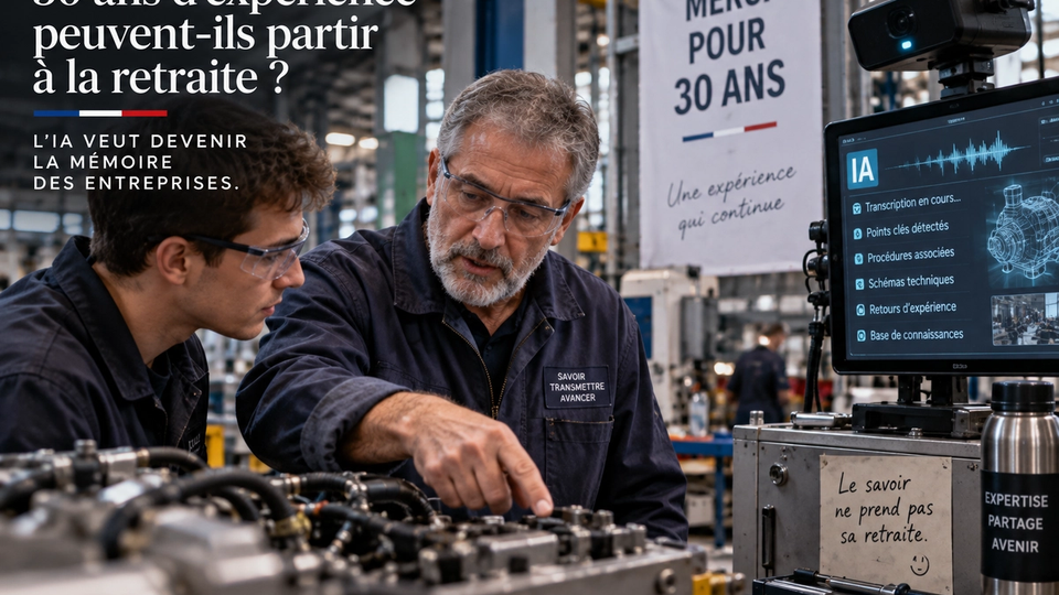 Illustration éditoriale STORIMITIK montrant un technicien expérimenté transmettant son savoir à un jeune collègue pendant qu’un système IA aide à structurer les connaissances.