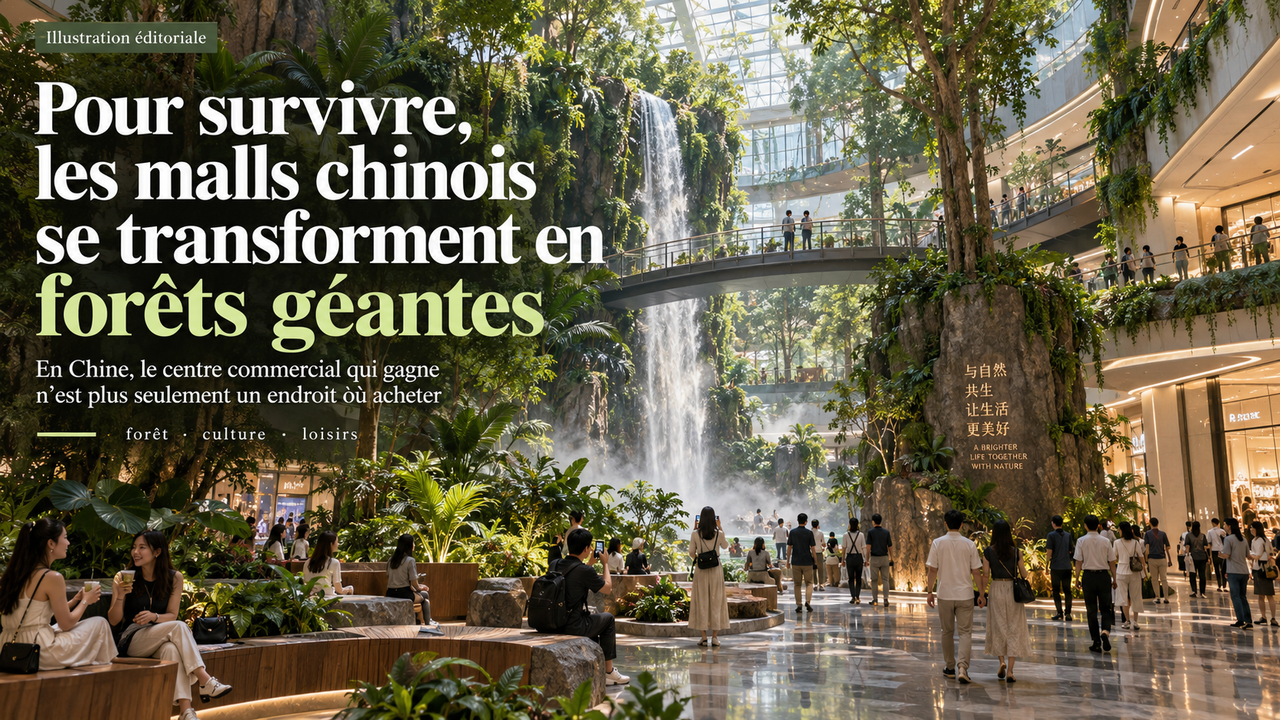 Centre commercial chinois transformé en destination naturelle immersive avec forêt intérieure et cascade.
